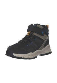 High-top black athletic shoe with gray accents, featuring a Velcro strap, contrast stitching, and textured rubber sole for traction.