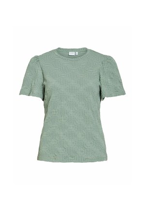 Rövid ujjú, zsályazöld, texturált felső kerek nyakkivágással és finom geometriai mintával az egész anyagon.