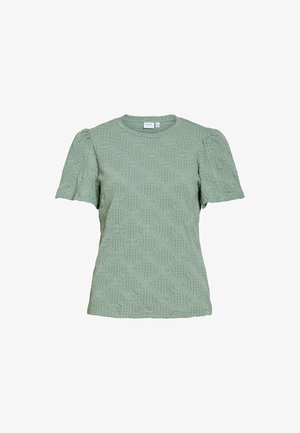 Rövid ujjú, zsályazöld, texturált felső kerek nyakkivágással és finom geometriai mintával az egész anyagon.