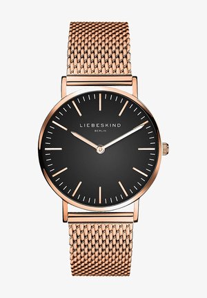 Runde schwarze Uhr mit einem roségoldenen Mesh-Armband, ausgestattet mit einfachen Stundenmarkierungen und Zeigern. Der Markenname "LIEBESKIND BERLIN" ist auf dem Zifferblatt sichtbar.