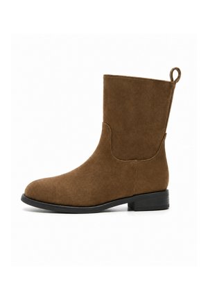 Mid-height brown suede boot with round toe, black low block heel, and pull loop at back, shown in right side profile.