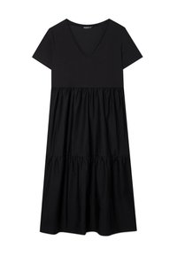 Czarna sukienka z krótkimi rękawami, dekoltem w kształcie litery V oraz warstwowym dołem. Wykonana z miękkiego materiału, z górną częścią o gładkiej fakturze oraz marszczoną dolną częścią.