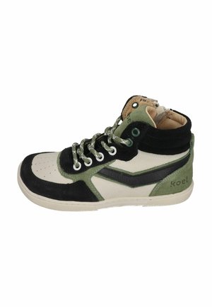 High-top sneaker with black, green, and white panels, green and white laces, and "koel" branding on the heel area.