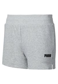 Shorts en tricot Puma de couleur gris clair, avec une taille élastique et des poches latérales, présentant une petite fente sur le côté au niveau de l'ourlet.