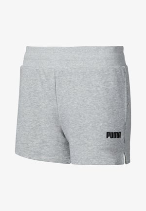Light gray Puma-brand knit shorts with an elastic waistband and side pockets, featuring a small side slit at the hem.