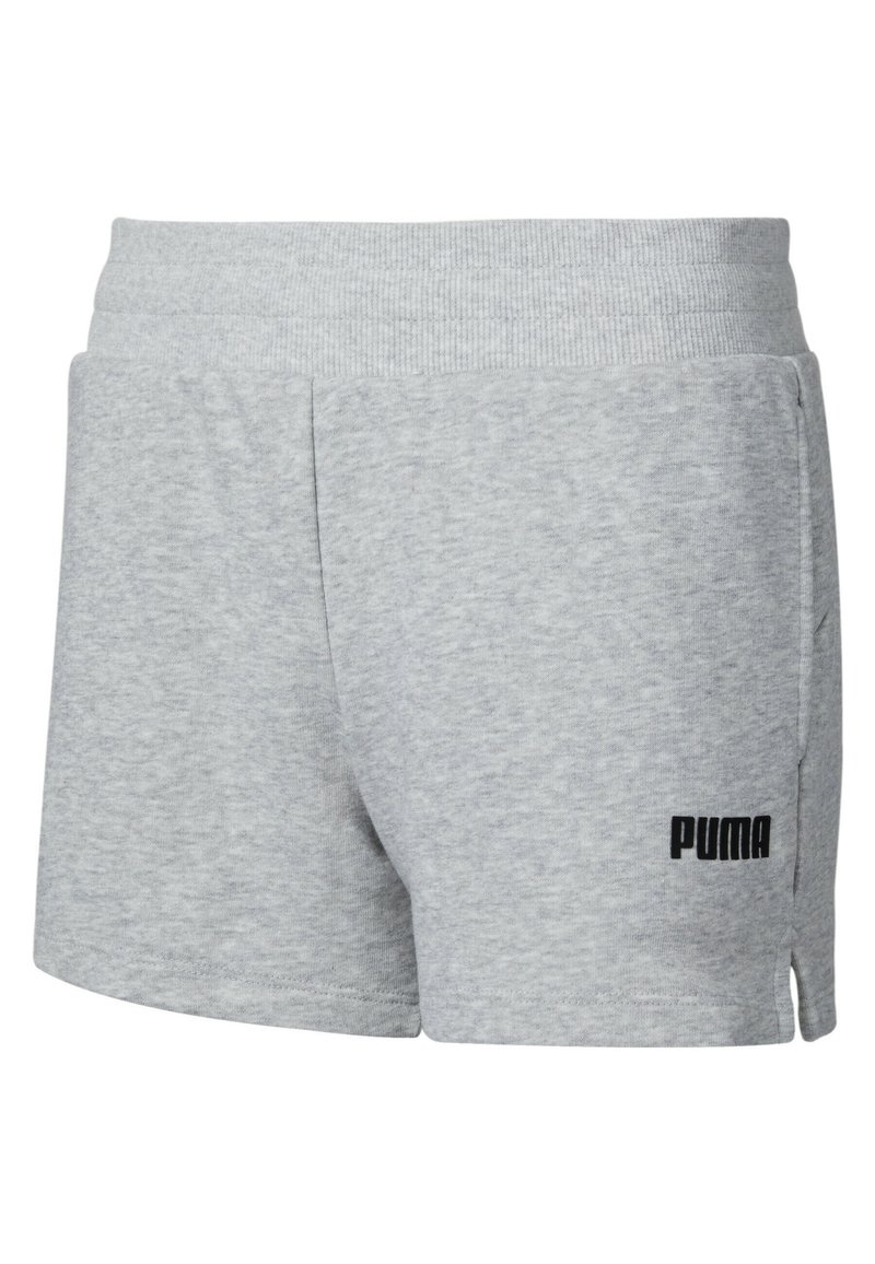 Shorts en tricot Puma de couleur gris clair, avec une taille élastique et des poches latérales, présentant une petite fente sur le côté au niveau de l'ourlet.