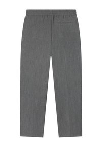 Grijze heren pantalon met elastische tailleband en één achterzak met bies, rechte pasvorm.