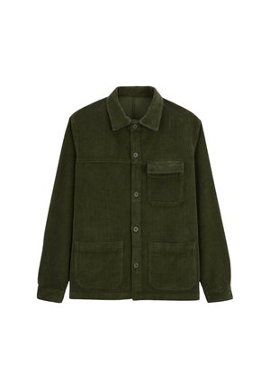 Veste en velours ribbed vert olive avec fermeture à boutons, col, manches longues, une poche poitrine avec rabat et deux poches plaquées sur le devant.