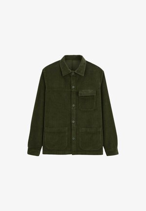 Veste en velours ribbed vert olive avec fermeture à boutons, col, manches longues, une poche poitrine avec rabat et deux poches plaquées sur le devant.