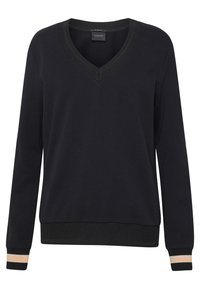 Czarna bluza z długim rękawem i dekoltem w kształcie litery V, z prążkowanymi detalami przy kołnierzu i mankietach. Mankiety ozdobione są beżowo-czarnymi paskami.