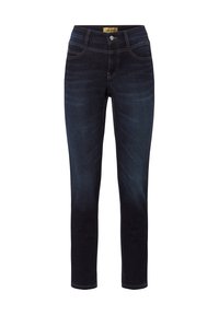Jeans de mezclilla azul oscuro con un corte ajustado, que cuentan con una cintura de altura media, cinco bolsillos y costuras contrastantes a lo largo de las costuras.