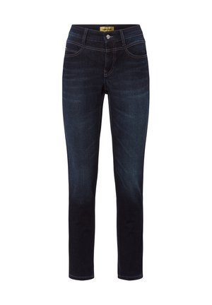 Dunkelblaue Denim-Jeans mit schmaler Passform, mid-rise Taille, fünf Taschen und kontrastierenden Nähten entlang der Nähte.