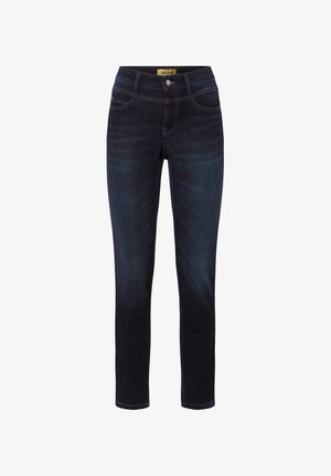 Dunkelblaue Denim-Jeans mit schmaler Passform, mid-rise Taille, fünf Taschen und kontrastierenden Nähten entlang der Nähte.