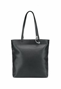 Borsa tote in pelle nera con due manici corti, caratterizzata da una superficie strutturata e da una finitura in metallo argento. Forma quadrata, design minimalista.