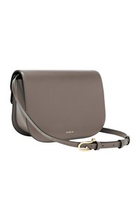 Borsa a tracolla in pelle taupe con chiusura a pattina, fibbia dorata e logo Furla impresso sul davanti.