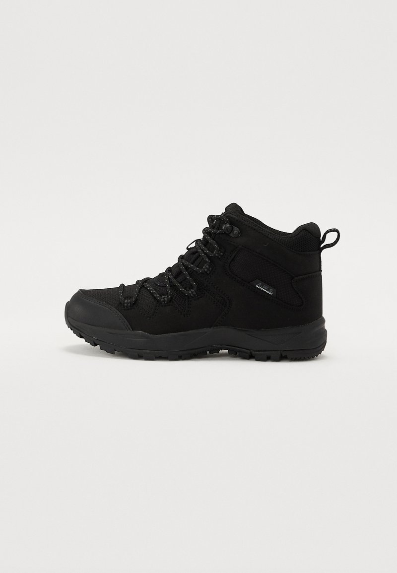 Black hiking boots with a mid-height design, mesh and suede upper, rubber sole, and sturdy laces; features a pull tab at the heel.