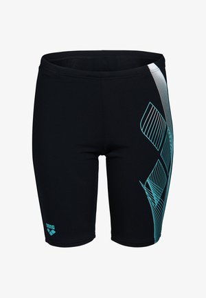 Schwarze Badeshorts mit figurbetontem Design, versehen mit einem türkisfarbenen abstrakten Muster an der Seite und einem Logo in der unteren linken Ecke.