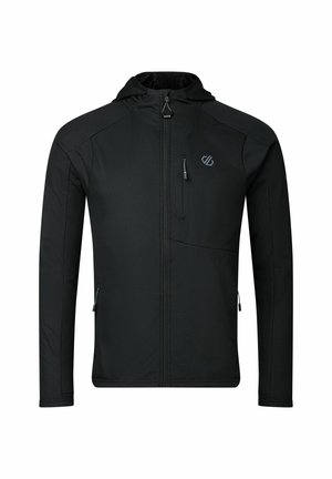 Black zip-up hooded jacket with long sleeves, chest and side zip pockets, and a small logo on the left chest.