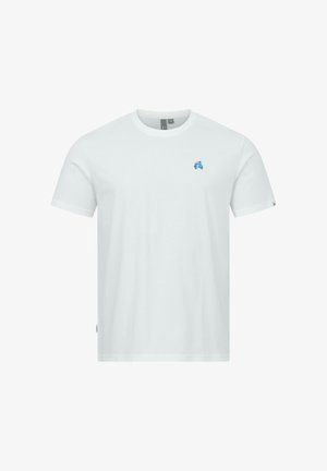 T-shirt bianca a maniche corte con scollo tondo e piccola grafica di uno scooter blu sul petto a sinistra, con etichetta sulla cucitura laterale sinistra.