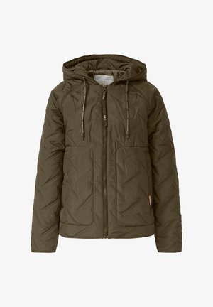 Oliwkowo-zielona pikowana kurtka z kapturem, z przodu suwak, sznurki do ściągania oraz dwie duże przednie kieszenie.
