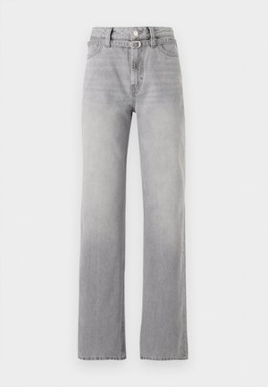 Light gray denim jeans with a high waist, straight leg design, subtle fading, and classic five-pocket styling. Metal button and zipper closure.