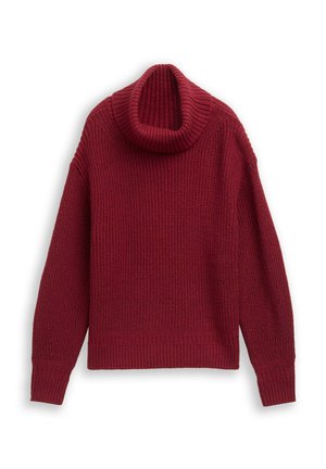 Burgunderfarbener gestrickter Rollkragenpullover, mit gerippter Textur, langen Ärmeln und einem gefalteten Kragen, sowie einem geraden Saum auf Taillenhöhe.