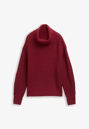 Burgundy knit turtleneck sweater, features ribbed texture, long sleeves, and a folded collar, with a straight hemline at the waist.