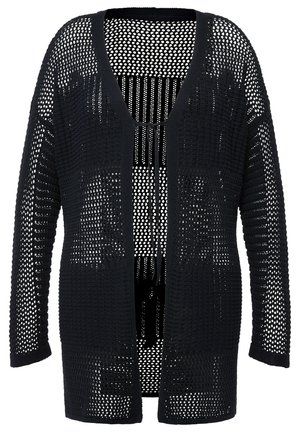Cardigan nero a maglia aperta con maniche lunghe, tessuto testurizzato, vestibilità ampia e scollatura a V profonda. Presenta un design traspirante con una silhouette rilassata.
