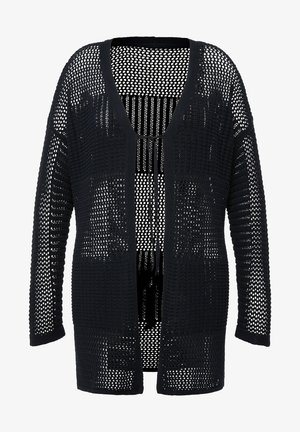 Cardigan nero a maglia aperta con maniche lunghe, tessuto testurizzato, vestibilità ampia e scollatura a V profonda. Presenta un design traspirante con una silhouette rilassata.