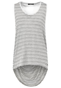 Top senza maniche a righe in bianco e nero, con orlo arrotondato e tessuto morbido. Presenta un collo a giro e una vestibilità rilassata.