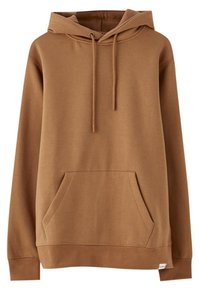 Sudadera con capucha marrón hecha de tela suave. Cuenta con un bolsillo tipo canguro en la parte delantera y cordones ajustables. Diseño simple y clásico.