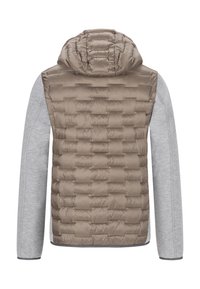 Kapuzenjacke mit Fütterung. Vorderseite aus hellbraunem Steppstoff, Seiten in Grau, lange Ärmel und gerippte Bündchen. Glatte Textur und Nähdetails.
