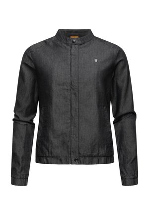 Black denim jacket with a snap button closure, stand collar, long sleeves, and elastic cuffs. Features a small logo on the chest.