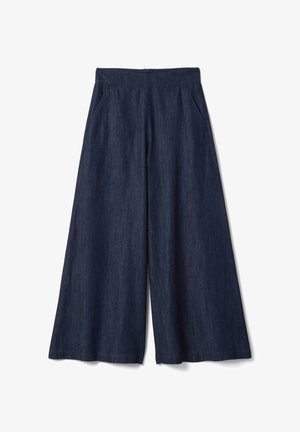 Pantalon en jean bleu foncé à jambes larges, taille haute et poches latérales, présenté à plat sur fond blanc.