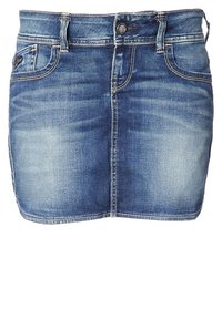 Denim minikjol i medelblå färg med kontrasterande sydda kanter. Har en knappstängning, bältesöglor och framfickor. Slät textur.