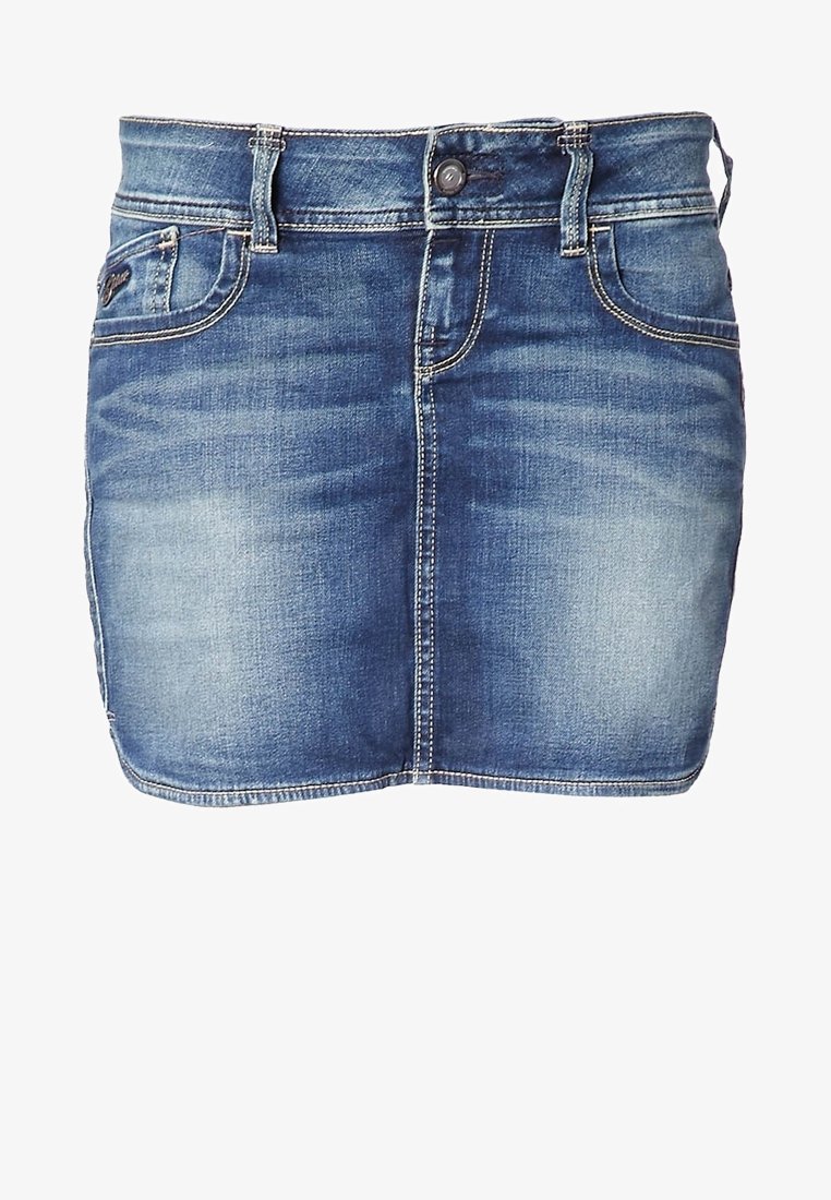 Denim minikjol i medelblå färg med kontrasterande sydda kanter. Har en knappstängning, bältesöglor och framfickor. Slät textur.