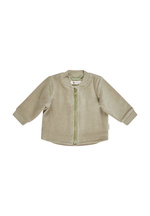 Light green corduroy jacket with long sleeves, round collar, and metal zipper featuring a matching green pull tab. Soft ribbed texture.