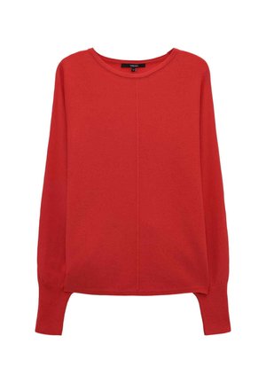 Maglione rosso a maniche lunghe realizzato in un tessuto morbido, con scollatura tonda e spacchi laterali all'orlo. Texture liscia con cuciture minime.