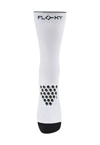 Calzino sportivo bianco con texture a coste, logo nero in cima e puntini in silicone sul fondo per migliorare la trazione. Taglia 'L' indicata.