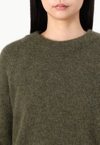Pullover lavorato a maglia verde oliva, realizzato in un tessuto morbido e texturizzato, con scollo rotondo e orlo a costine. Nessun motivo o hardware visibile.