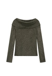 Maglione verde oliva a spalle scoperte in maglia, con maniche lunghe, tessuto testurizzato e colletto a costine. Design semplice e aderente.