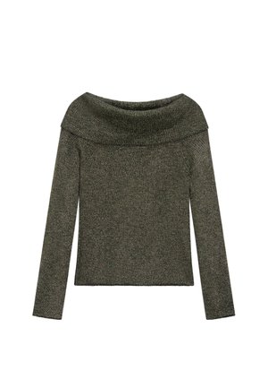 Pull en tricot vert olive, élégamment décolleté, avec des manches longues, un tissu texturé et un col côtelé. Design simple et ajusté.