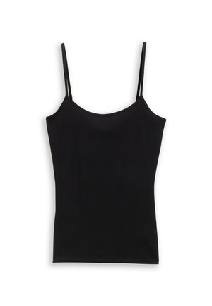 Czarny top na ramiączkach z cienkimi, spaghetti ramiączkami, okrągłym dekoltem, wykonany z gładkiego, elastycznego materiału o dopasowanym kroju.