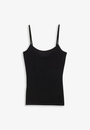 Czarny top na ramiączkach z cienkimi, spaghetti ramiączkami, okrągłym dekoltem, wykonany z gładkiego, elastycznego materiału o dopasowanym kroju.