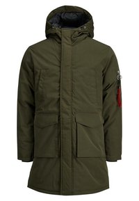 Olive green insulated parka with a hood, featuring a zip closure, two front pockets, and a utility pocket with a red zipper.
