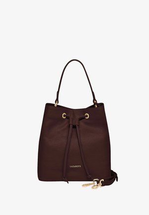Donkerbruine leren emmer tas met trekkoordsluiting, enkele handgreep, afneembare schouderband, gouden hardware en Lazarotti-logo.