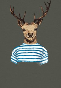 Illustratie van een hert met geweien dat een blauw-wit gestreept shirt draagt tegen een donkergroene achtergrond. Het hert heeft een gedetailleerd gezicht en vachtstructuur.