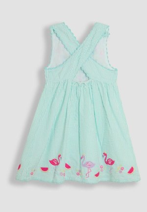 Mintgrünes gestreiftes Kleid mit überkreuzten Trägern, elastischem Bund und bestickten Flamingos sowie Wassermelonenstücken am Saum.
