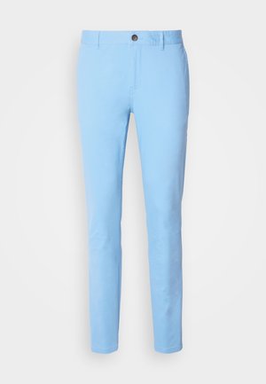 Light blue cotton trousers with a straight cut, featuring a front button closure and side pockets. Smooth texture and no visible patterns.