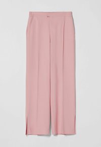 Pink wide-leg trousers made from lightweight fabric. Features include pleats and slits at the hem for added detail.
